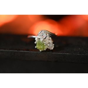 Raw Peridot and Diamond Engagement Ring,  Size 5 sterling silver